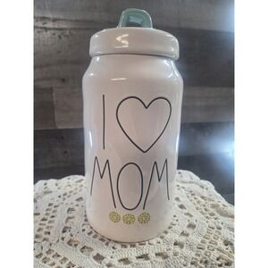 Rae Dunn 9" Canister / Jar "I Heart Mom" White w/Lid Blue Handle